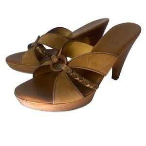 Cole Haan Women's Leather Braided Open Toe Sandal Mules Wooden Heel Brown Size